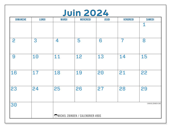 Calendrier juin 2024, 49DS. Programme à imprimer gratuit.