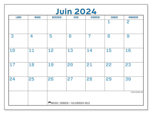 Calendrier juin 2024, 49LD. Plan à imprimer gratuit.