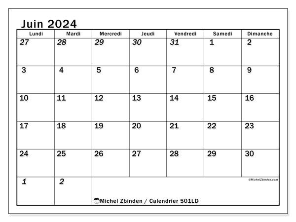 Calendrier juin 2024 “501”. Plan à imprimer gratuit.. Lundi à dimanche