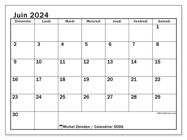 Calendrier juin 2024 “50”. Plan à imprimer gratuit.. Dimanche à samedi