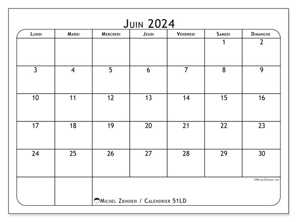 Calendrier juin 2024, 51DS. Planning à imprimer gratuit.