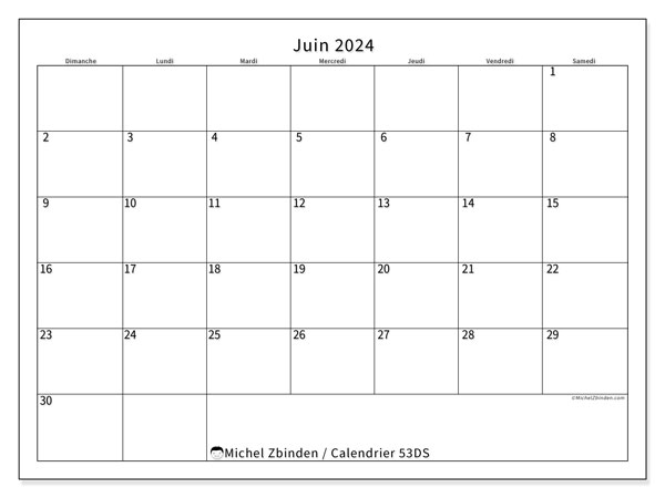 Calendrier juin 2024 “53”. Calendrier à imprimer gratuit.. Dimanche à samedi