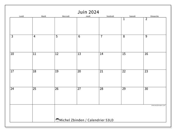 Calendrier juin 2024, 53LD. Plan à imprimer gratuit.