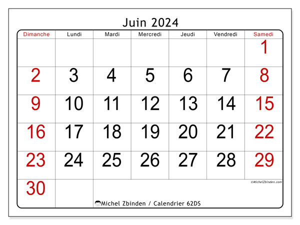 Calendrier juin 2024, 62DS. Planning à imprimer gratuit.