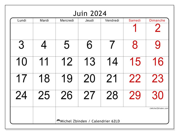 Calendrier juin 2024, 62LD. Plan à imprimer gratuit.