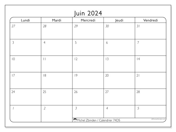 Calendrier juin 2024, 74DS. Planning à imprimer gratuit.