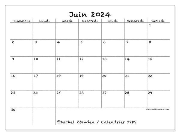 77DS, calendrier juin 2024, pour imprimer, gratuit.
