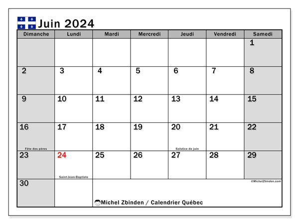 Calendario junio 2024, Quebec (FR). Diario para imprimir gratis.