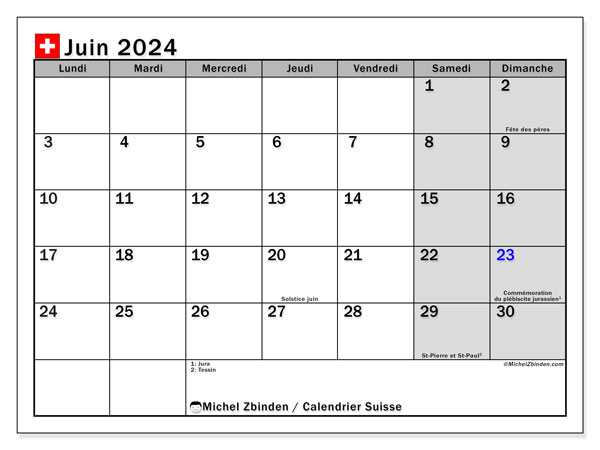 Calendario junio 2024, Suiza (FR). Diario para imprimir gratis.