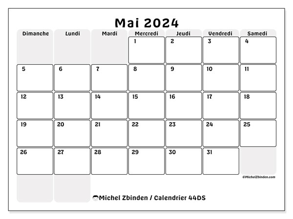 Calendrier mai 2024 “44”. Calendrier à imprimer gratuit.. Dimanche à samedi