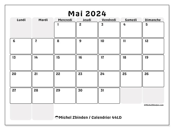 Calendrier mai 2024 “44”. Calendrier à imprimer gratuit.. Lundi à dimanche