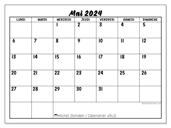 Calendrier mai 2024 “45”. Journal à imprimer gratuit.. Lundi à dimanche