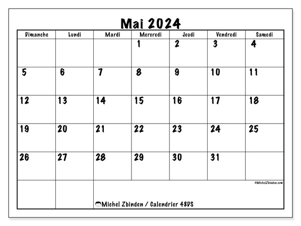 Calendrier mai 2024 “48”. Plan à imprimer gratuit.. Dimanche à samedi
