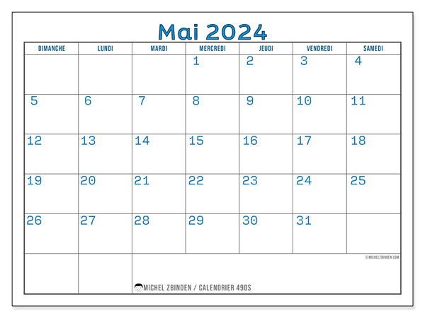 Calendrier mai 2024 “49”. Calendrier à imprimer gratuit.. Dimanche à samedi