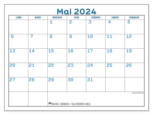 Calendrier mai 2024 “49”. Calendrier à imprimer gratuit.. Lundi à dimanche