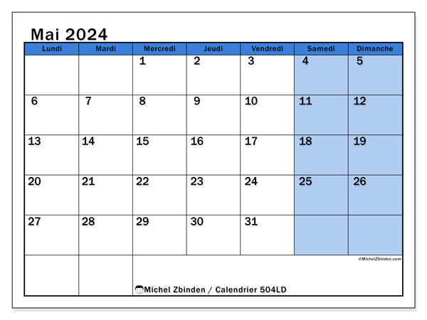 Calendrier mai 2024 “504”. Planning à imprimer gratuit.. Lundi à dimanche