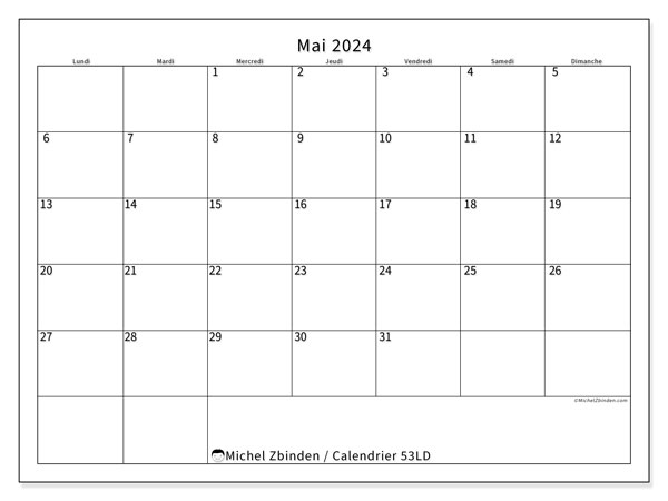 Calendrier mai 2024 “53”. Plan à imprimer gratuit.. Lundi à dimanche