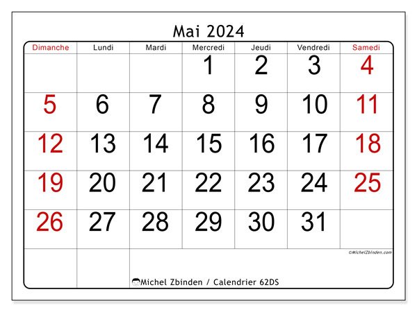 Calendrier mai 2024 “62”. Planning à imprimer gratuit.. Dimanche à samedi