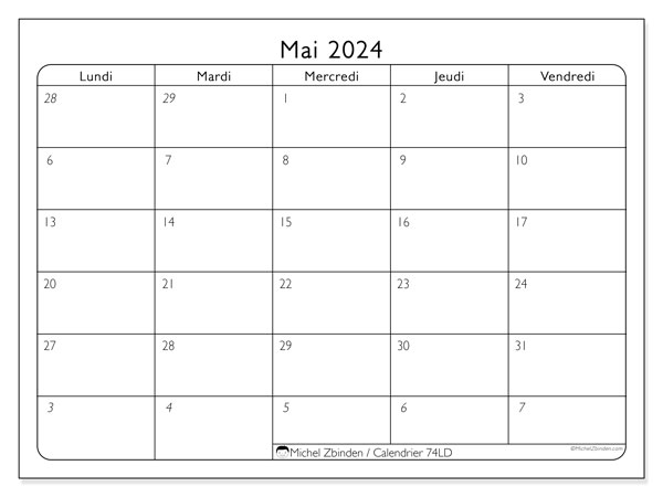 74LD, calendrier mai 2024, pour imprimer, gratuit.