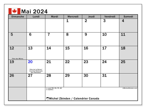 Kalender Mai 2024, Kanada (FR). Programm zum Ausdrucken kostenlos.