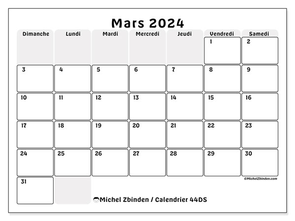 Calendrier mars 2024 “44”. Programme à imprimer gratuit.. Dimanche à samedi