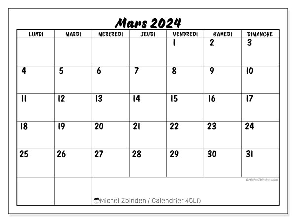 Calendrier mars 2023 “45”. Calendrier à imprimer gratuit.