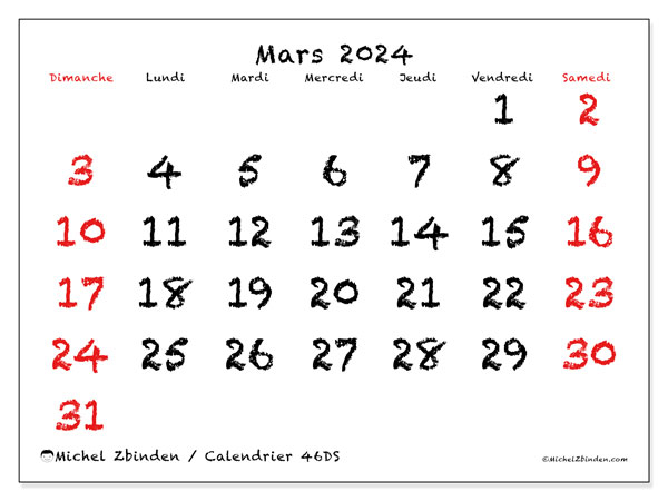 Calendrier mars 2024 “46”. Plan à imprimer gratuit.. Dimanche à samedi
