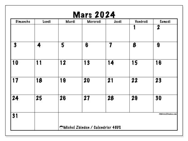 Calendrier mars 2024 “48”. Planning à imprimer gratuit.. Dimanche à samedi
