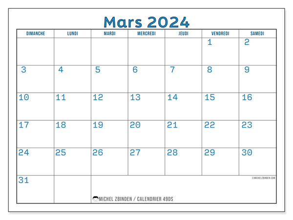 Calendrier mars 2024 “49”. Journal à imprimer gratuit.. Dimanche à samedi