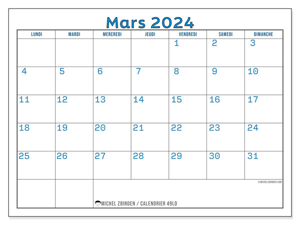 Calendrier mars 2024, 49LD. Plan à imprimer gratuit.