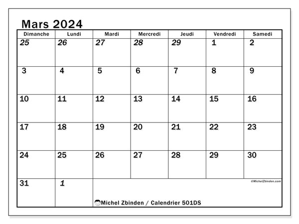 Calendrier mars 2024 “501”. Programme à imprimer gratuit.. Dimanche à samedi