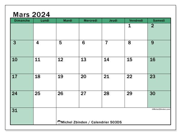 Calendrier mars 2024 “503”. Programme à imprimer gratuit.. Dimanche à samedi