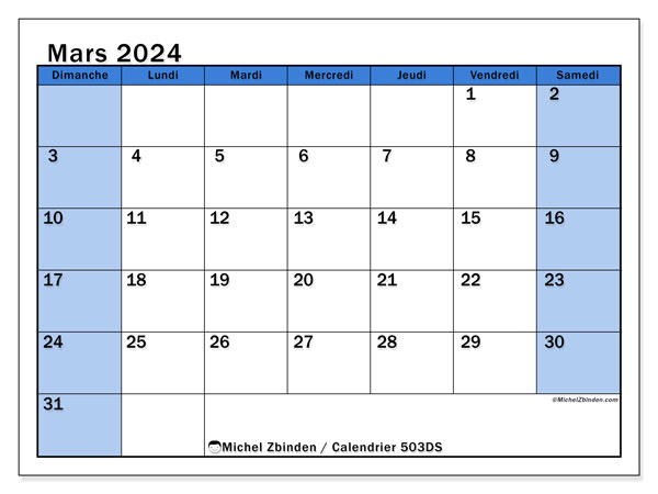 Calendrier mars 2024 “504”. Programme à imprimer gratuit.. Dimanche à samedi