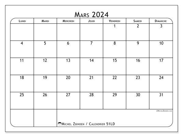 Calendrier mars 2024, 51LD. Plan à imprimer gratuit.