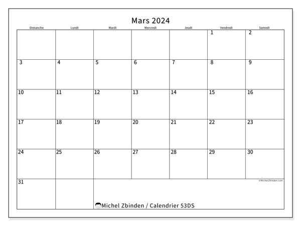 Calendrier mars 2024 “53”. Calendrier à imprimer gratuit.