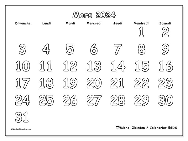56DS, calendrier mars 2024, pour imprimer, gratuit.