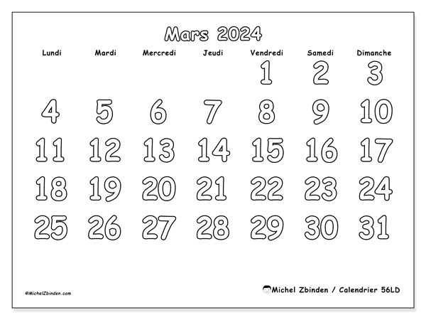 Calendrier mars 2023 “56”. Calendrier à imprimer gratuit.