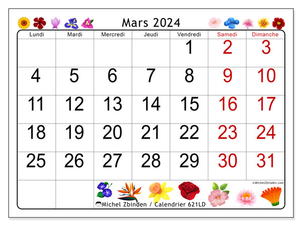 Calendrier mars 2024 “621”. Programme à imprimer gratuit.. Lundi à dimanche