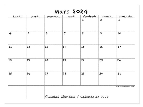 Calendrier mars 2024 “77”. Journal à imprimer gratuit.. Lundi à dimanche