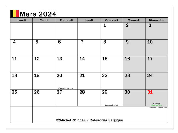 Calendar March 2024, Belgium (FR). Free printable plan.