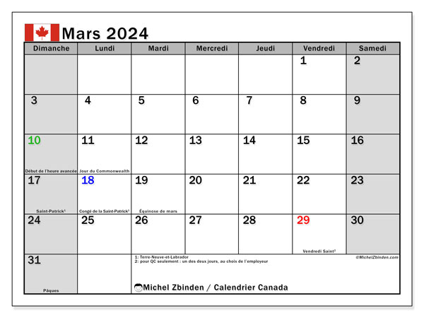 Calendario marzo 2024, Canada (FR). Calendario da stampare gratuito.