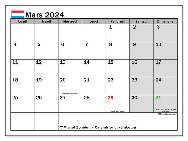 Calendrier mars 2024 “Luxembourg”. Calendrier à imprimer gratuit.. Lundi à dimanche