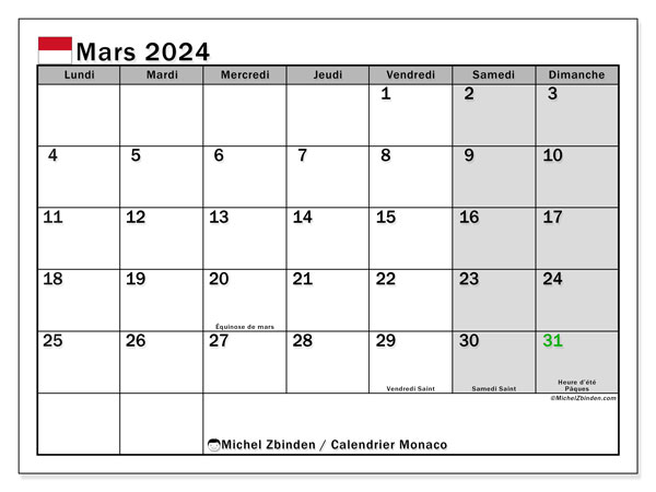 Kalender marts 2024, Monaco (FR). Gratis kalender til print.