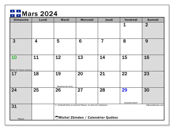 Kalendarz marzec 2024, Quebec (FR). Darmowy plan do druku.