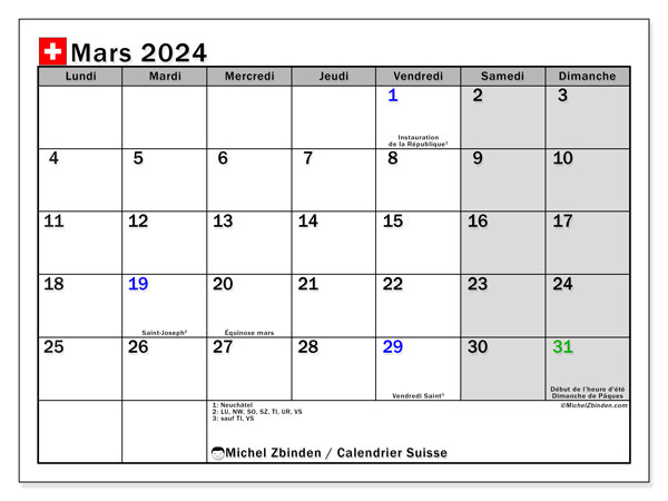 Calendar March 2024, Switzerland (FR). Free printable plan.