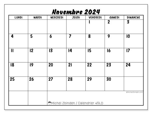 Calendrier à imprimer, novembre 2024, 45LD