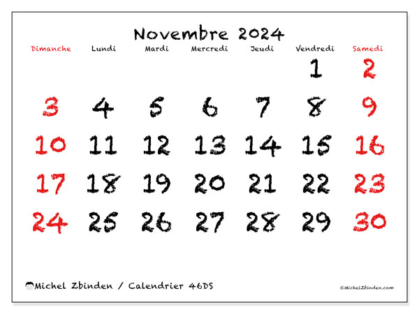 Calendrier à imprimer, novembre 2024, 46DS
