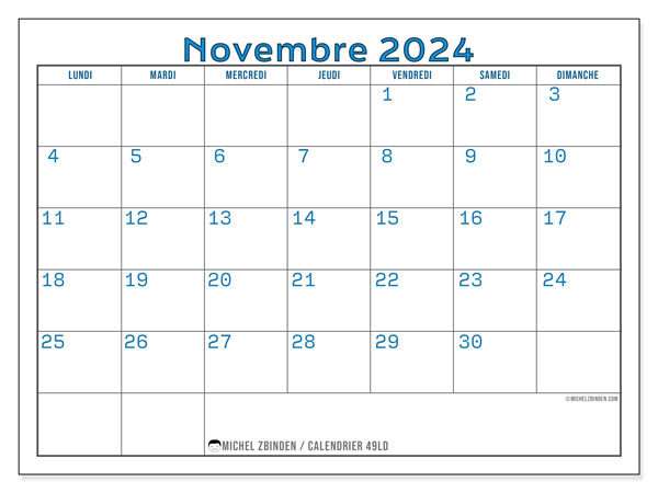 Calendrier novembre 2023 “49”. Calendrier à imprimer gratuit.