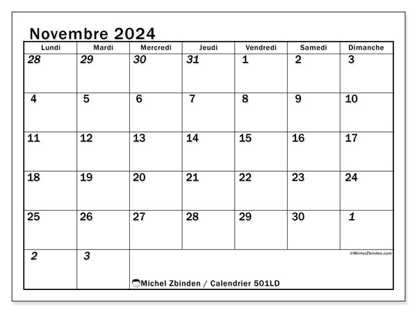 Calendrier novembre 2023 “501”. Calendrier à imprimer gratuit.