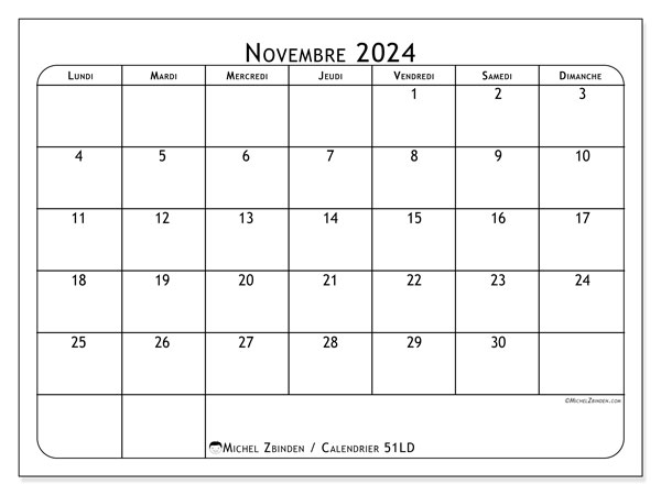 Calendrier novembre 2023 “51”. Calendrier à imprimer gratuit.